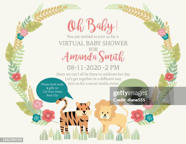 illustrazioni stock, clip art, cartoni animati e icone di tendenza di carino leone e tigre giungla animali baby shower invito - baby shower