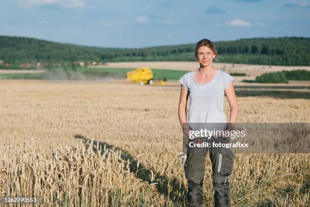 bäuerin steht im weizenfeld, mähdrescherim im hintergrund - female farmer stock-fotos und bilder