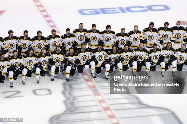 The Boston Bruins pose for a photo prior to their exhibition game against the Columbus Blue Jackets before to the 2020 NHL Stanley Cup Playoffs at...