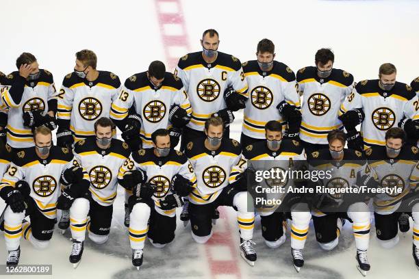 The Boston Bruins pose for a photo prior to their exhibition game against the Columbus Blue Jackets before to the 2020 NHL Stanley Cup Playoffs at...