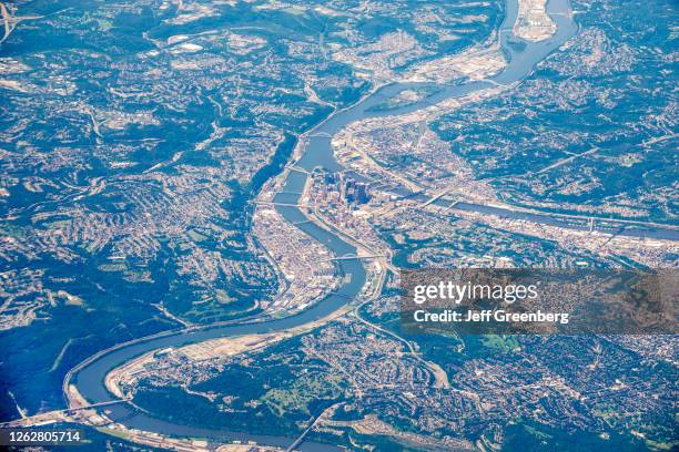 Pennsylvania, Pittsburgh, aerial view of three rivers, Allegheny River, Ohio River, Monongahela River.