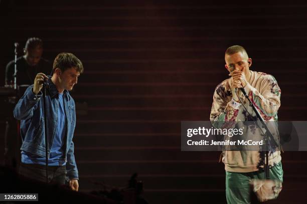 Paul Mescal and Dermot Kennedy perform on stage together at the Natural History Museum on July 30, 2020 in London, England. The performance was...