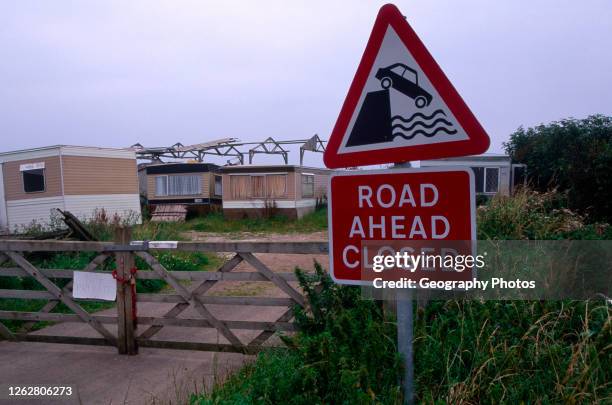 Road Ahead closed sign at Cowden Farm, Mappleton, Holderness coast, east Yorkshire, England, UK, land belonging to Sue Earle being lost to coastal...