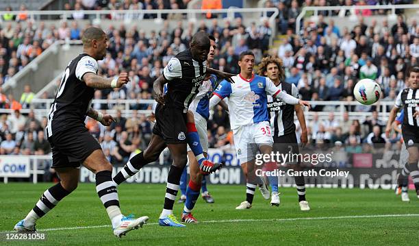 Demba Ba of Newcastle scores his team's second goal during the Barclays Premier League match between Newcastle United and Blackburn Rovers at St...