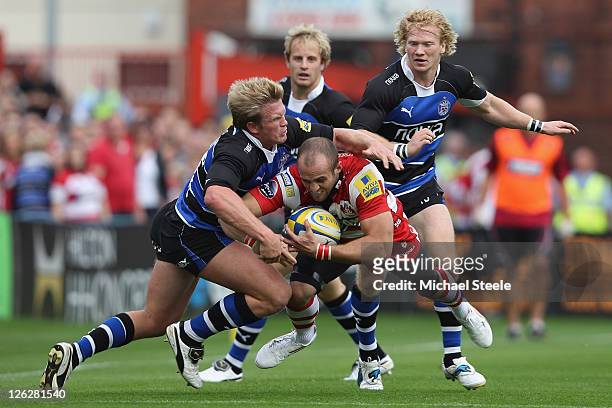 Charlie Sharples of Gloucester is tackled by Sam Vesty of Bath during the Aviva Premiership match between Gloucester and Bath at Kingsholm Stadium on...