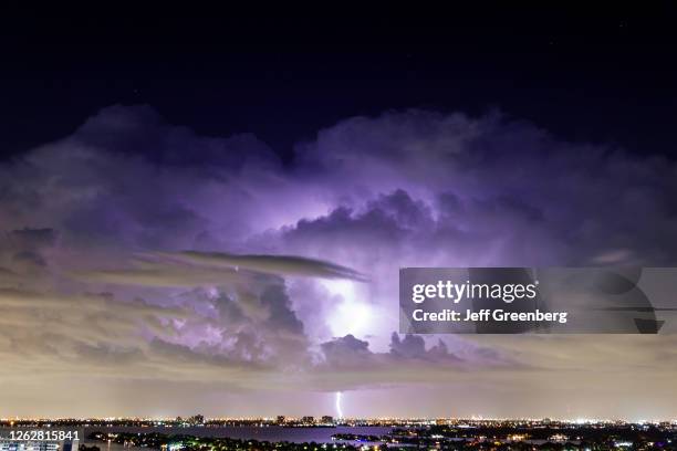 Florida, Miami Beach, Biscayne Bay, city skyline with lighting.