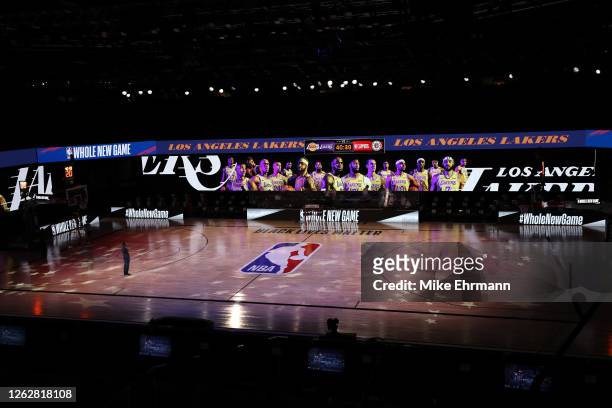 General view the court with Black Lives Matter written above the NBA logo is seen at center court prior to the game between the LA Clippers and the...