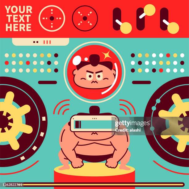 sumo wrestler crouching, wearing virtual reality glasses, fists on the floor, glaring at you - sujo stock illustrations