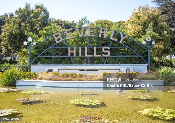 View of Beverly Hills sign is seen at the Beverly Gardens Park on July 30, 2020 in Los Angeles, California.