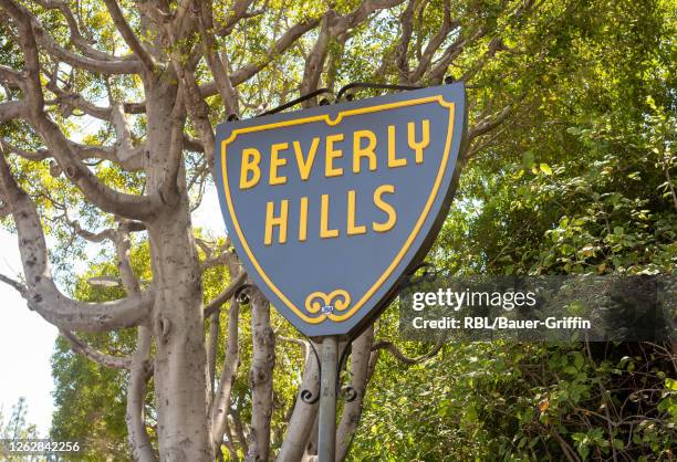 View of Beverly Hills street sign is seen on Sunset Boulevard on July 30, 2020 in Los Angeles, California.