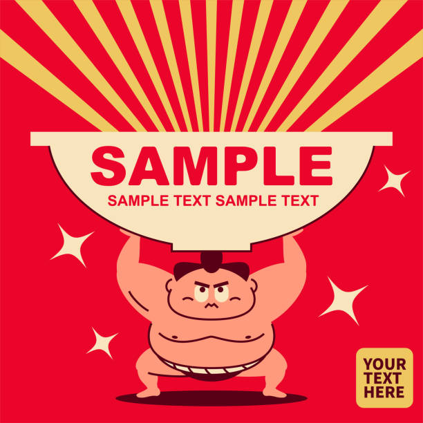 sumo wrestler crouching, arms raised, lifting a super big bowl - super bowl illustrations stock illustrations