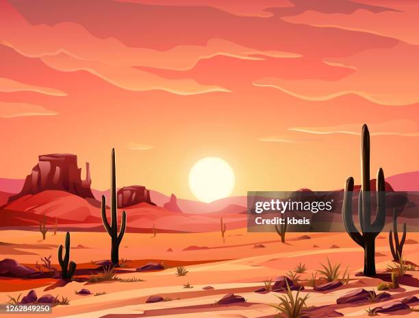 stockillustraties, clipart, cartoons en iconen met mooie zonsondergang in de woestijn - wild west