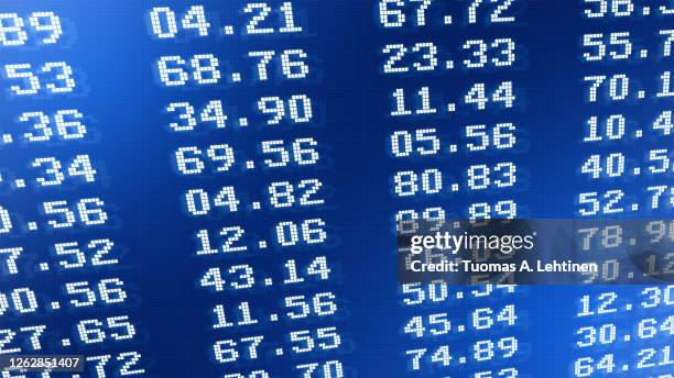 close-up of financial figures or exchange rates on stock exchange board. - ecrã de cotações imagens e fotografias de stock