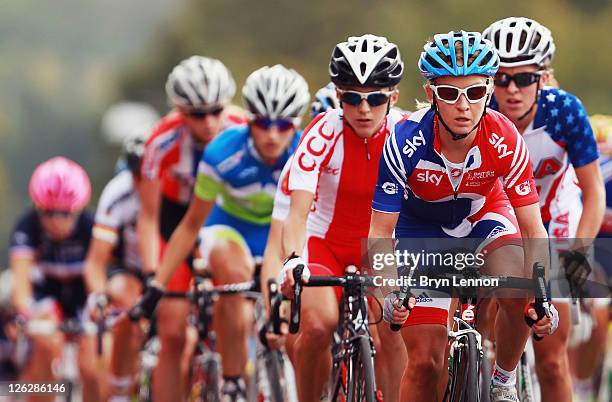 Emma Pooley of Great Britain rides in the Elite Women's Road Race during day six of the UCI Road World Championships on September 24, 2011 in...