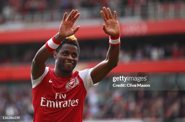 Alex Song of Arsenal celebrates his goal with team mate Bacary Sagna during the Barclays Premier League match between Arsenal and Bolton Wanderers at...
