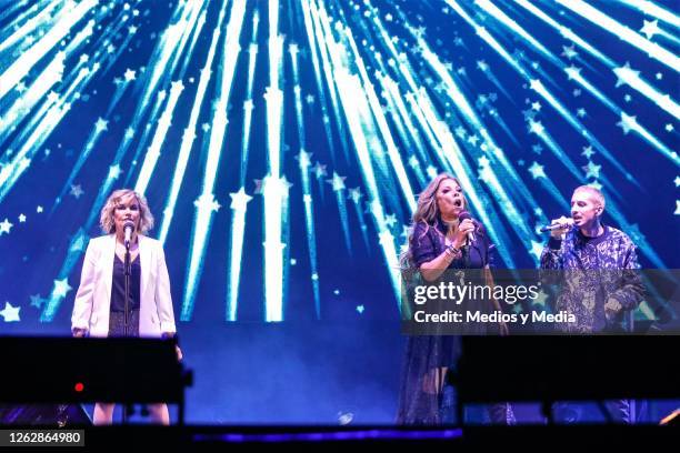 Ilse and Mimi, former members of the group Flans, sang hits from that group, during a drive-in concert on July 30, 2020 in Mexico City, Mexico. The...