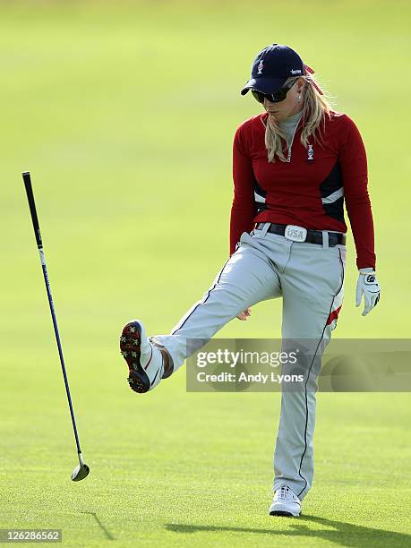 Morgan Pressel of the USA reacts to a shot during the afternoon fourballs on day two of the 2011 Solheim Cup at Killeen Castle Golf Club on September...