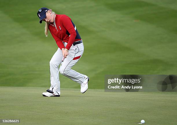 Morgan Pressel of the USA reacts to a missed putt during the afternoon fourballs on day two of the 2011 Solheim Cup at Killeen Castle Golf Club on...