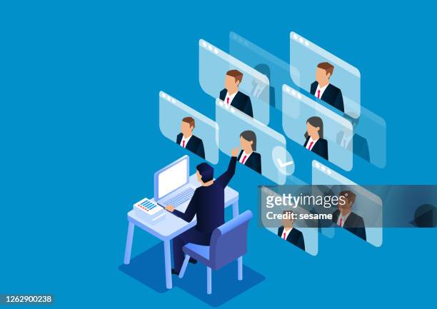 isometric video conference, online conference work, online communication - développement stock illustrations