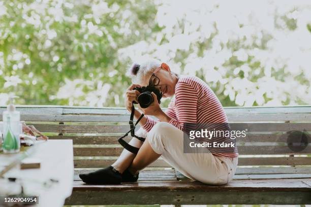 senior thai woman (60s) photographing nature. - senior photographer stock pictures, royalty-free photos & images