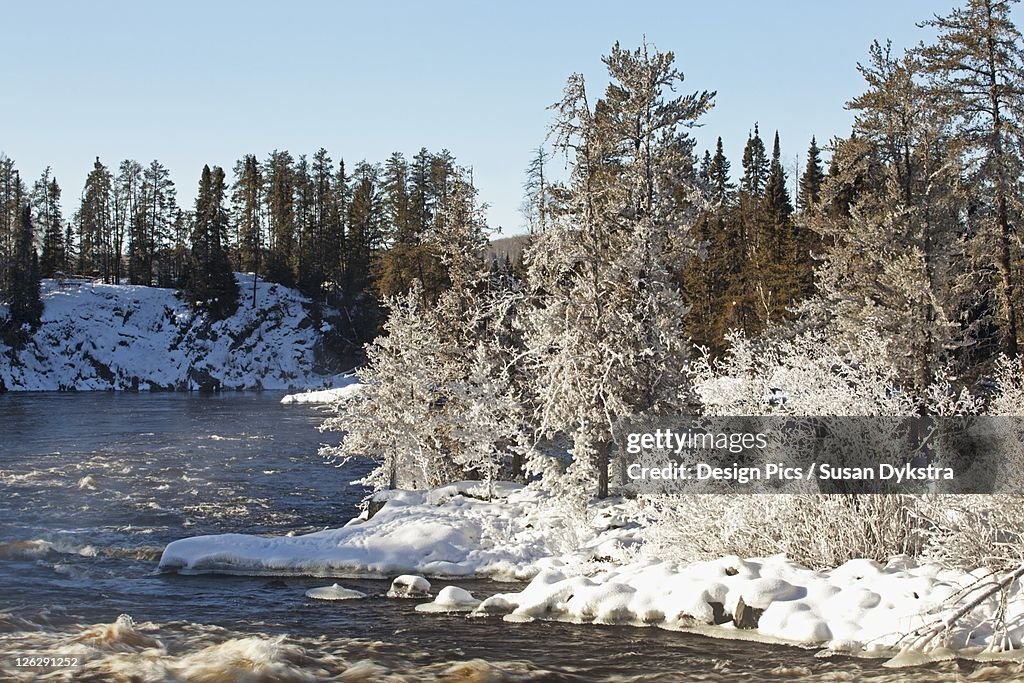 Frost, snow and ice along a river
