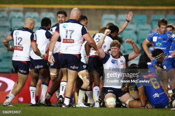 Matt Philip of the Rebels celebrates victory during the round five Super Rugby AU match between the Western Force and the Melbourne Rebels at...
