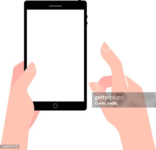 hand holding smartphone and touching screen - ipad mockup horizontal stock illustrations