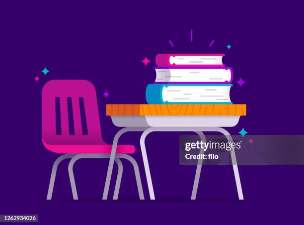 school education learning desk with books - elementary school classroom stock illustrations