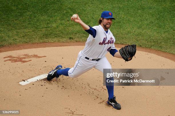 Dickey of the New York Mets throws a pitch in the first inning against the Philadelphia Phillies at Citi Field on September 24, 2011 in the Flushing...