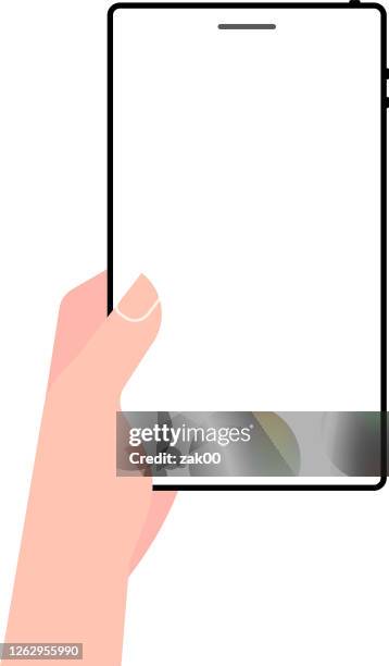 hand holding smartphone and touching screen - scrolling mobile stock illustrations