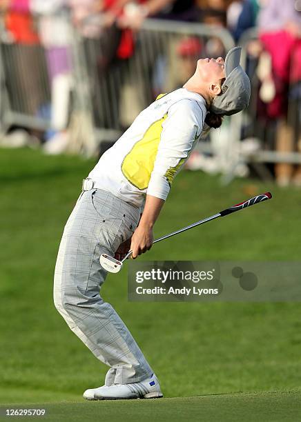 Christel Boeljon of Europe reacts to a missed birdie putt on the 16th green during the afternoon fourballs on day two of the 2011 Solheim Cup at...