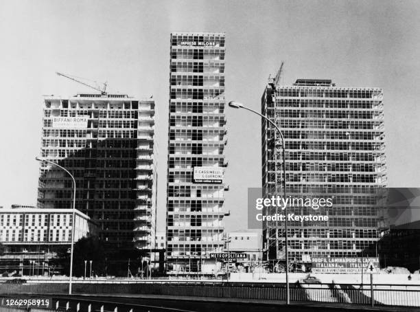 Three new skyscrapers being built in the EUR district of Rome, Italy, 16th January 1961.