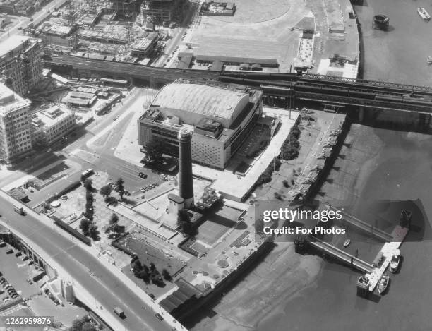 An aerial view of the Royal Festival Hall and Shot Tower in London, in the Southbank Centre on the South Bank of the River Thames, 8th July 1959.