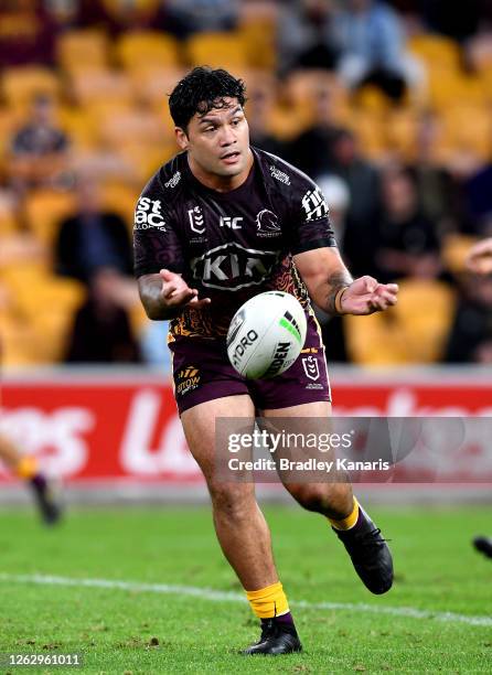 Issac Luke of the Broncos passes the ball during the round 12 NRL match between the Brisbane Broncos and the Cronulla Sharks on July 31, 2020 in...