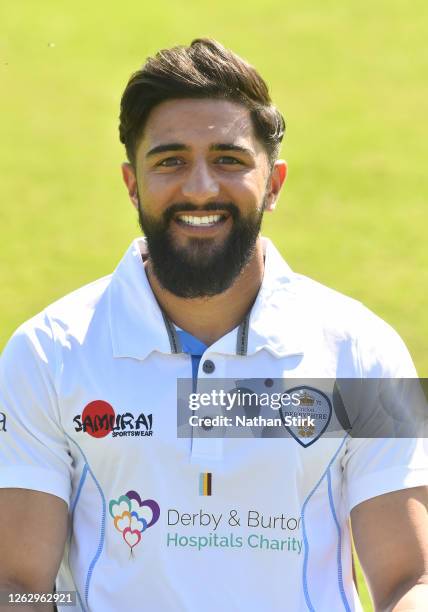 Anuj Dal of Derbyshire poses for a portrait during the annual photocall day at Repton School on July 31, 2020 in Derby, England.
