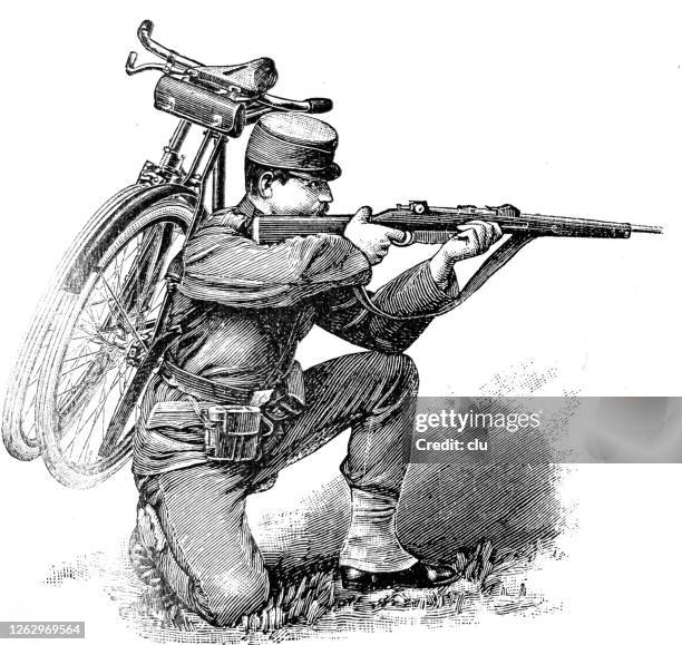 soldat mit faltbarem radschwein, schießen des gewehrs - klapprad stock-grafiken, -clipart, -cartoons und -symbole