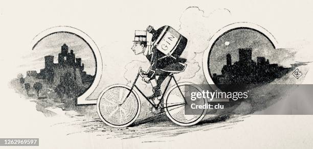 stockillustraties, clipart, cartoons en iconen met fietser met een enorme fles gin piggyback op weg om te leveren - gin