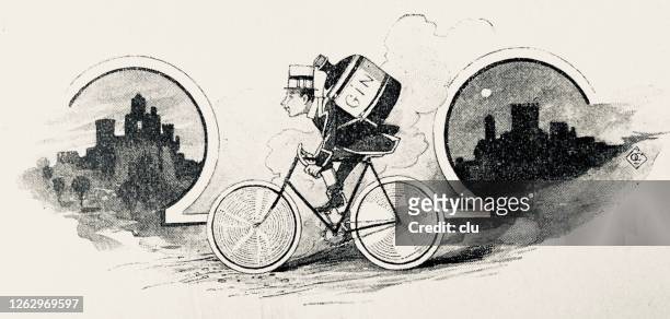 bicyclist with a huge bottle of gin piggyback on its way to deliver - piggyback stock illustrations