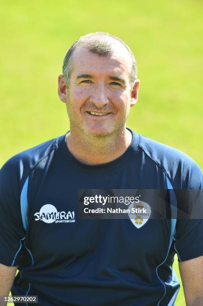 Coach, Mal Loye of Derbyshire poses for a portrait during the annual photocall day at Repton School on July 31, 2020 in Derby, England.