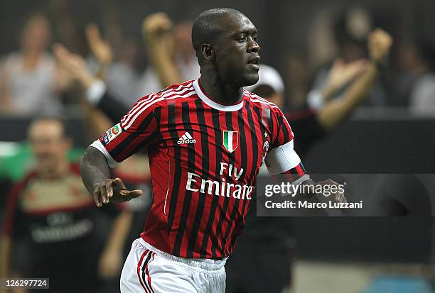 Clarence Seedorf of AC Milan celebrates after scoring the opening goal during the Serie A match between AC Milan and AC Cesena at Stadio Giuseppe...