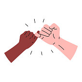 Hooking little fingers icon. Vector illustration of black and white interracial hands holding little fingers. Concept of promise, friendship sign