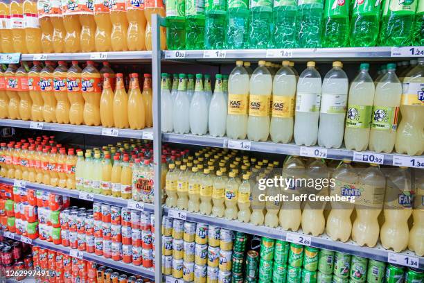 Spain, Barcelona, Caprabo, supermarket soft drinks and soda aisle, Fanta.