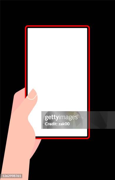 hand holding smartphone and touching screen - scrolling mobile stock illustrations