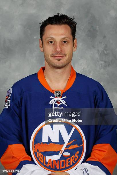 Mark Streit of the New York Islanders poses for his official headshot for the 2011-2012 season on September 16, 2011 at the Nassau Coliseum in...
