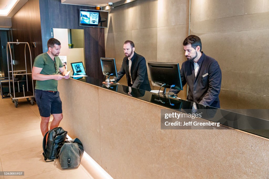 Spain, Valencia, Vincci Mercat, hotel lobby and guest check in