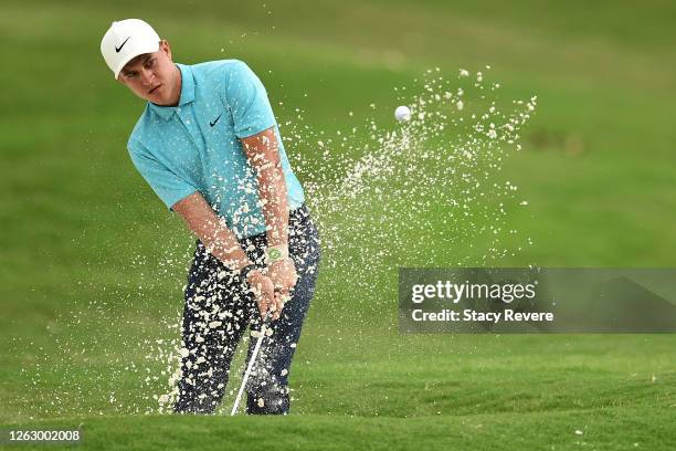 Cameron Champ of the United States plays a shot from a bunker on the first hole during the second round of the World Golf Championship-FedEx St Jude...