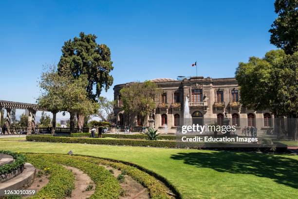 Facade of Chapultepec Castle with gardens, Mexico City, Mexico.