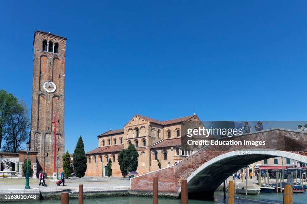 The Venetian-Byzantine church of Santa Maria e San Donato and its free standing bell tower. Murano, Province of Venice, Italy.