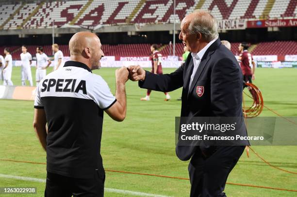 Vincenzo Italiano ASC Spezia coach greets Gian Piero Ventura US Salernitana coach before the serie B match between US Salernitana and ASC Spezia at...