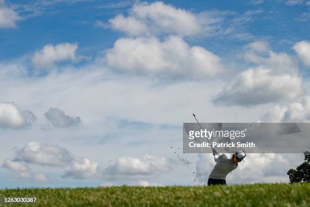 Lydia Ko of New Zealand plays her shot from the fifth tee during the first round of the LPGA Drive On Championship at Inverness Club on July 31, 2020...